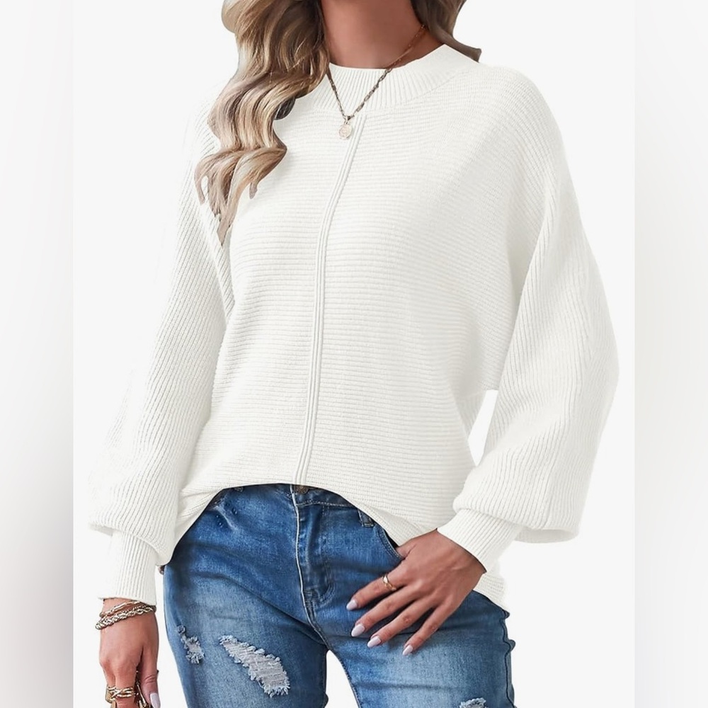 Tecrew Batwing Long Sleeve Crew Neck Sweater in White Size L NWOT